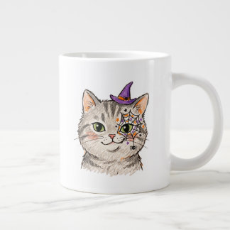 かわいいハロウィン グレーのトラ猫 蜘蛛の巣フェイスペイント ジャンボコーヒーマグカップ