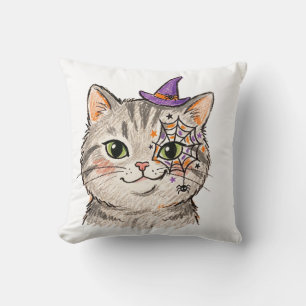かわいいハロウィン グレー+タビー+キャット スパイダーウェブ フェイスペイント クッション