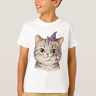 かわいいハロウィン グレー+タビー+キャット スパイダーウェブ フェイスペイント Tシャツ
