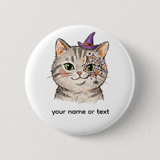 かわいいハロウィン グレー+タビー+猫 スパイダーウェブ フェイスペイント 缶バッジ