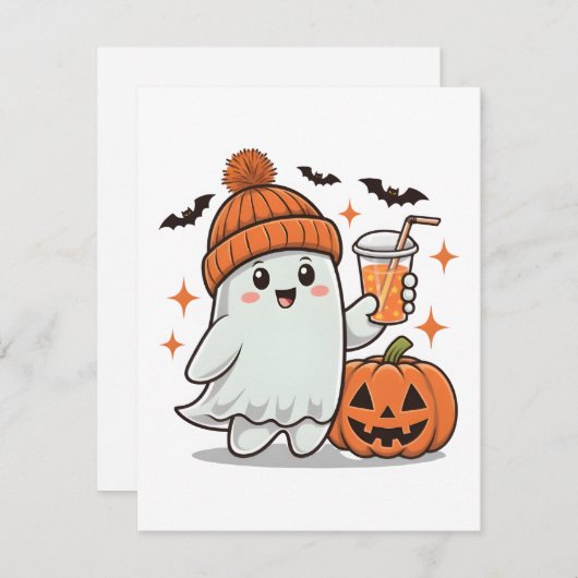 かわいいハロウィン、ゴースト、コウモリ、かぼちゃとドリンク シーズンカード (正面/裏面)