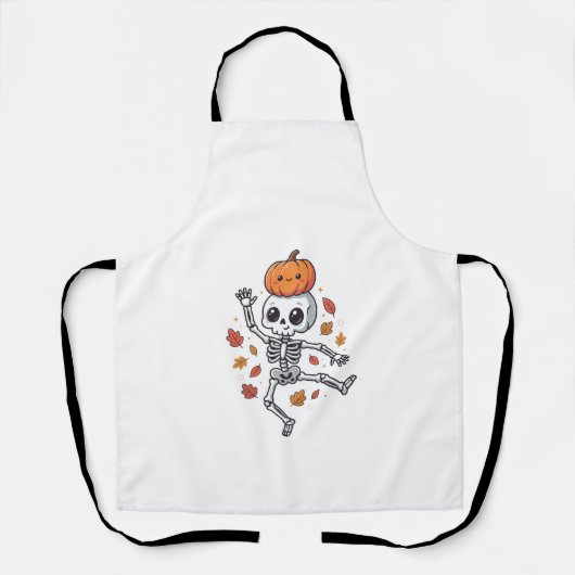 かわいいハロウィン ダンスするスケルトンのカボチャ頭 エプロン (正面)