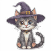 かわいいハロウィン ネコ好きのための縞猫魔女帽子 シール (正面)