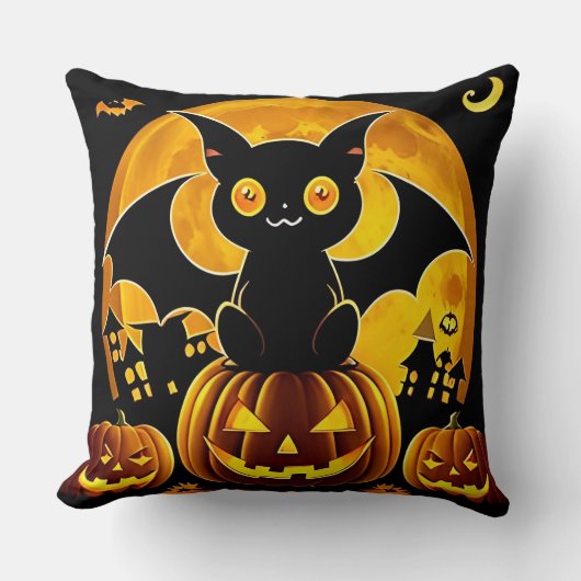 🐾🌙 かわいいハロウィン 猫 コウモリ カボチャ 夜 チャーム  クッション (正面)