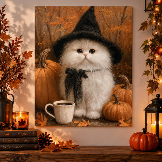 かわいいハロウィン 白猫 魔女 コーヒーカップ ポスター