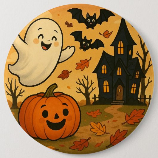 かわいいハロウィン/秋の幽霊のかぼちゃのキャラクター 缶バッジ (正面)