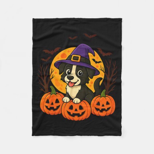 かわいいハロウィン 黒犬 魔女の帽子と フリースブランケット (正面)
