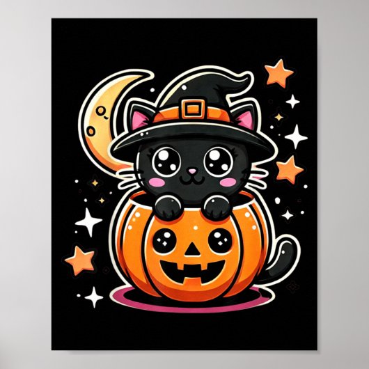 かわいいハロウィン 黒猫 かぼちゃと魔女の帽子 ポスター (正面)