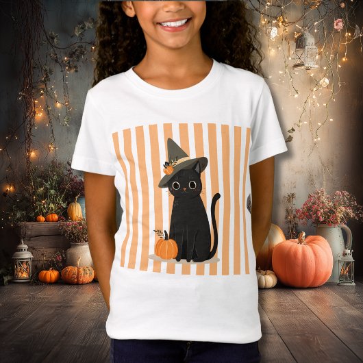 かわいいハロウィン 黒猫 魔女の帽子 パンプキン Tシャツ
