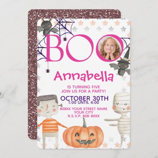 かわいいハロウィーンとフォトガール誕生日招待状 招待状 (正面/裏面)