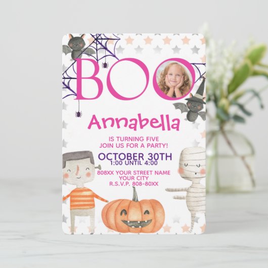 かわいいハロウィーンとフォトガール誕生日招待状 招待状 (スタンド正面)