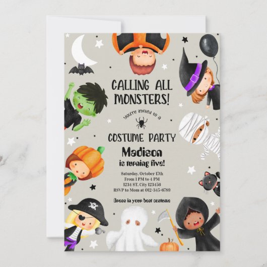 かわいいハロウィーンのすごいコスチュームの誕生日パーティー 招待状 (正面)