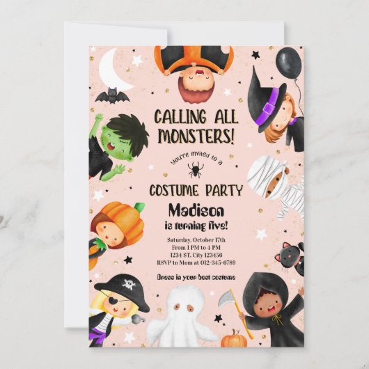 かわいいハロウィーンのすごいコスチュームの誕生日パーティー 招待状 (正面)