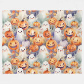 かわいいハロウィーンのカボチャと幽霊 フリースブランケット (正面(横))