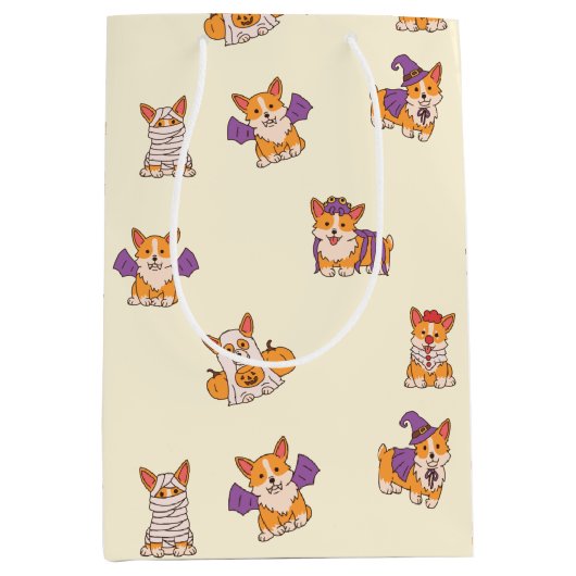 かわいいハロウィーンのコスチューム漫画コーギー ミディアムペーパーバッグ (正面)