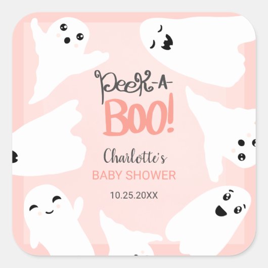 かわいいハロウィーンのブー幽霊ピンクの赤ちゃんシャワー スクエアシール (正面)