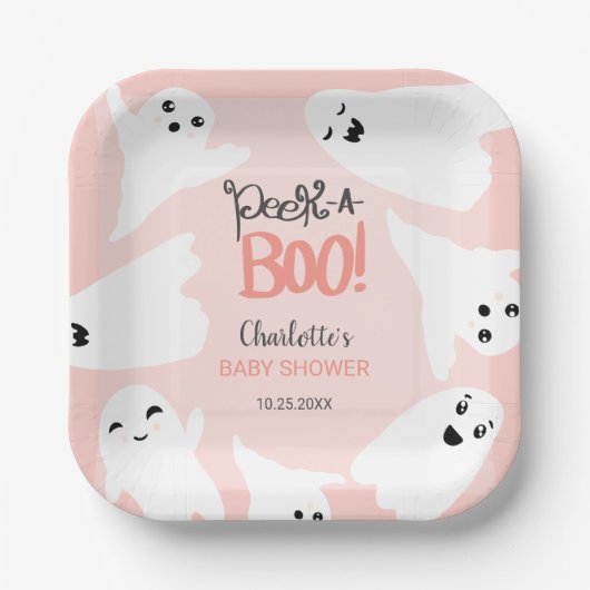 かわいいハロウィーンのブー幽霊ピンクの赤ちゃんシャワー ペーパープレート (正面)