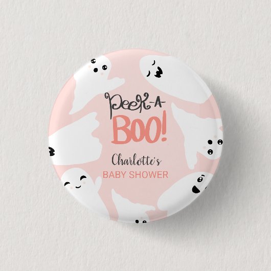 かわいいハロウィーンのブー幽霊ピンクの赤ちゃんシャワー 缶バッジ (正面)