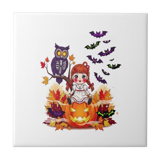 かわいいハロウィーンの人形フクロウ タイル (正面)