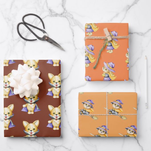 かわいいハロウィーンの仮装動物 ラッピングペーパーシート (正面)
