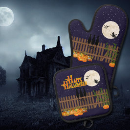 かわいいハロウィーンの夜の満月のシーン 鍋つかみ&鍋敷きセット