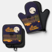 かわいいハロウィーンの夜の満月のシーン 鍋つかみ&鍋敷きセット (正面/裏面)