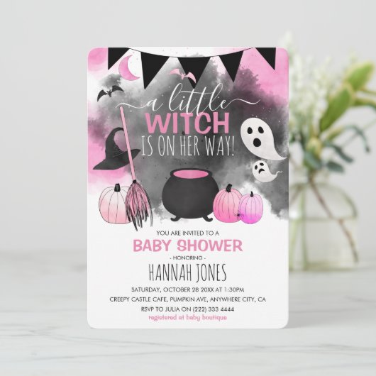 かわいいハロウィーンの女の子ピンクの赤ちゃんシャワー 招待状 (スタンド正面)