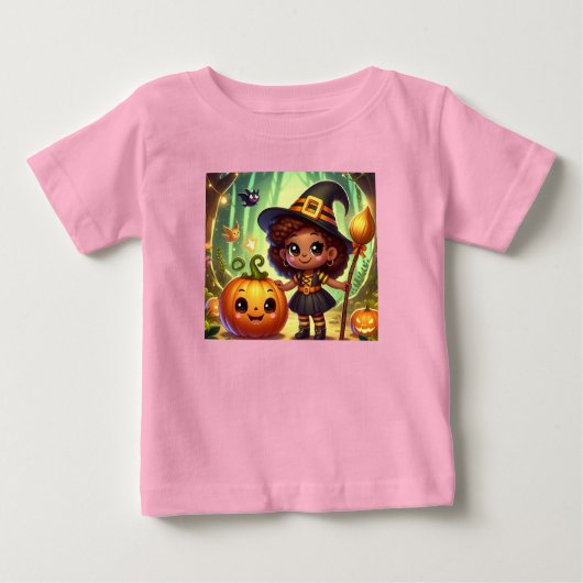かわいいハロウィーンの小さな魔女 ベビーTシャツ (正面)