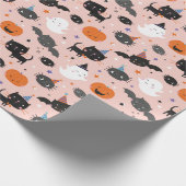 かわいいハロウィーンの幽霊、猫、こうもり、かぼちゃ ラッピングペーパー (角)