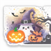 かわいいハロウィーンの幽霊:魔女の帽子とカボチャ シール (正面)