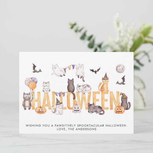 かわいいハロウィーンの水彩猫たちパーソナライズされた シーズンカード (スタンド正面)