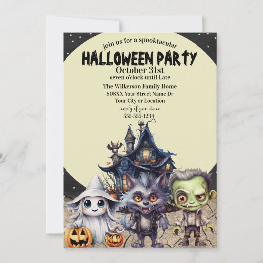 かわいいハロウィーンの衣装パーティーとハ幽霊のよく出るウス 招待状 (正面)