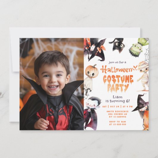 かわいいハロウィーンの衣装パーティーの誕生日 招待状 (正面)