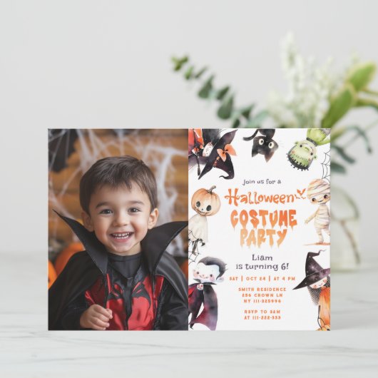 かわいいハロウィーンの衣装パーティーの誕生日 招待状 (スタンド正面)