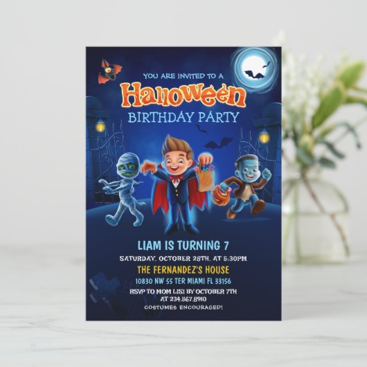 かわいいハロウィーンの衣装子供の誕生日パーティー 招待状 (スタンド正面)