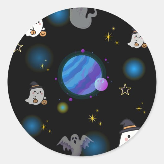 かわいいハロウィーンの銀河と幽霊のステッカー ラウンドシール (正面)