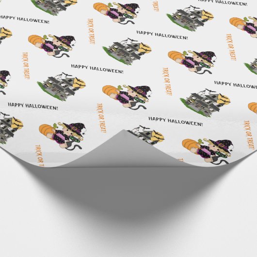 かわいいハロウィーンの魔女と幽霊のよく出る家 ラッピングペーパー (角)