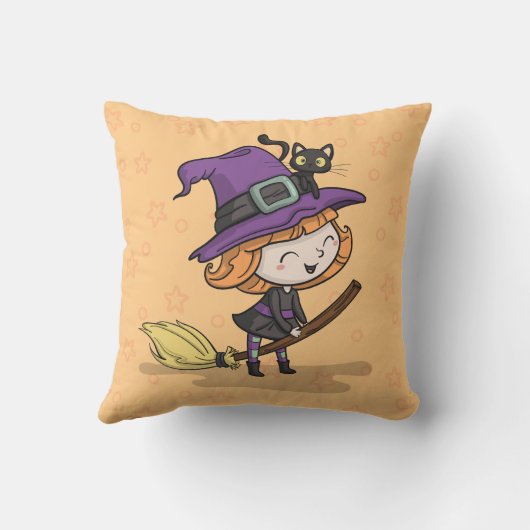 かわいいハロウィーンの魔女と猫 | クッション (裏面)