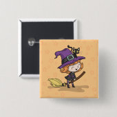 かわいいハロウィーンの魔女と猫 | ボタン 缶バッジ (正面&裏面)