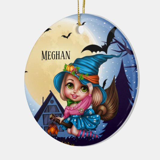 かわいいハロウィーンの魔女の名前を追加 セラミックオーナメント (左)