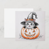 かわいいハロウィーンの魔女子猫とジャック・オ・ランタン シーズンカード (正面/裏面)