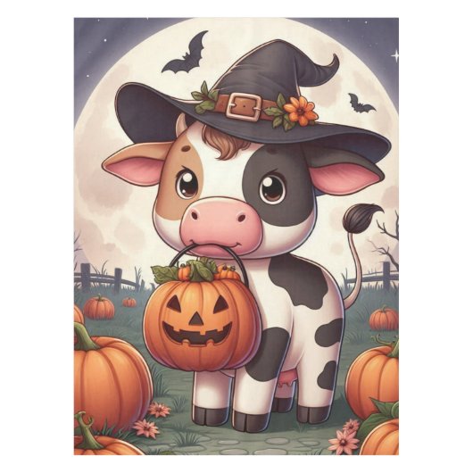 かわいいハロウィーンの魔女牛 テーブルクロス (正面)
