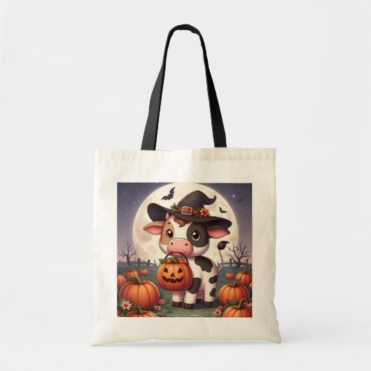 かわいいハロウィーンの魔女牛 トートバッグ (正面)