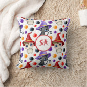 かわいいハロウィーンの魔女猫とフクロウの赤紫白 クッション (ブランケット)