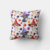 かわいいハロウィーンの魔女猫とフクロウの赤紫白 クッション (裏面)