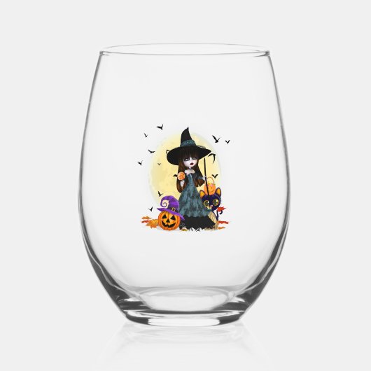 かわいいハロウィーンの魔女 ステムなしワイングラス (正面)