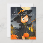 かわいいハロウィーンの魔女 フルムーン かぼちゃのパッチ ホリデ シーズンカード (正面)