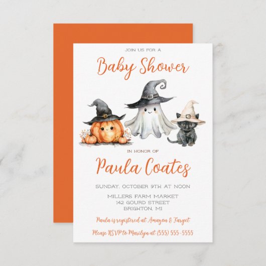 かわいいハロウィーンをテーマにした赤ちゃんシャワー 招待状 (正面/裏面)