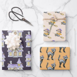 かわいいハロウィーンウィッチブラックキャットオールドハウス ラッピングペーパーシート