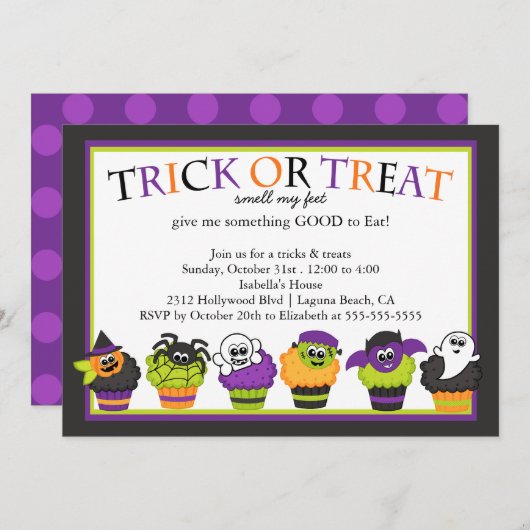 かわいいハロウィーンカップケーキの子ども服のパーティー 招待状 (正面/裏面)